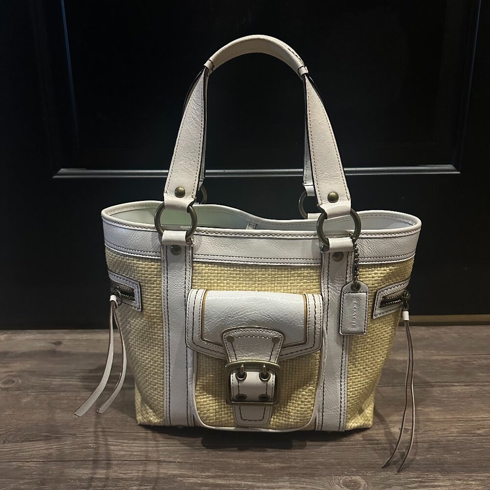 Vintage Coach Legacy Natural Woven Straw White Leather Handbag